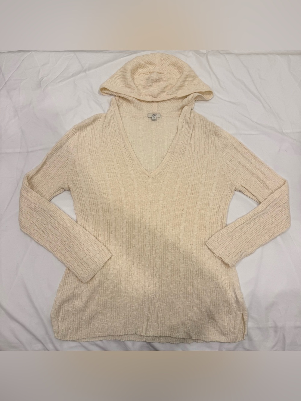 J. Jill Cream Cable Knit Hoodie V-Neck Cotton Ramie Blend Coastal Grandma M
